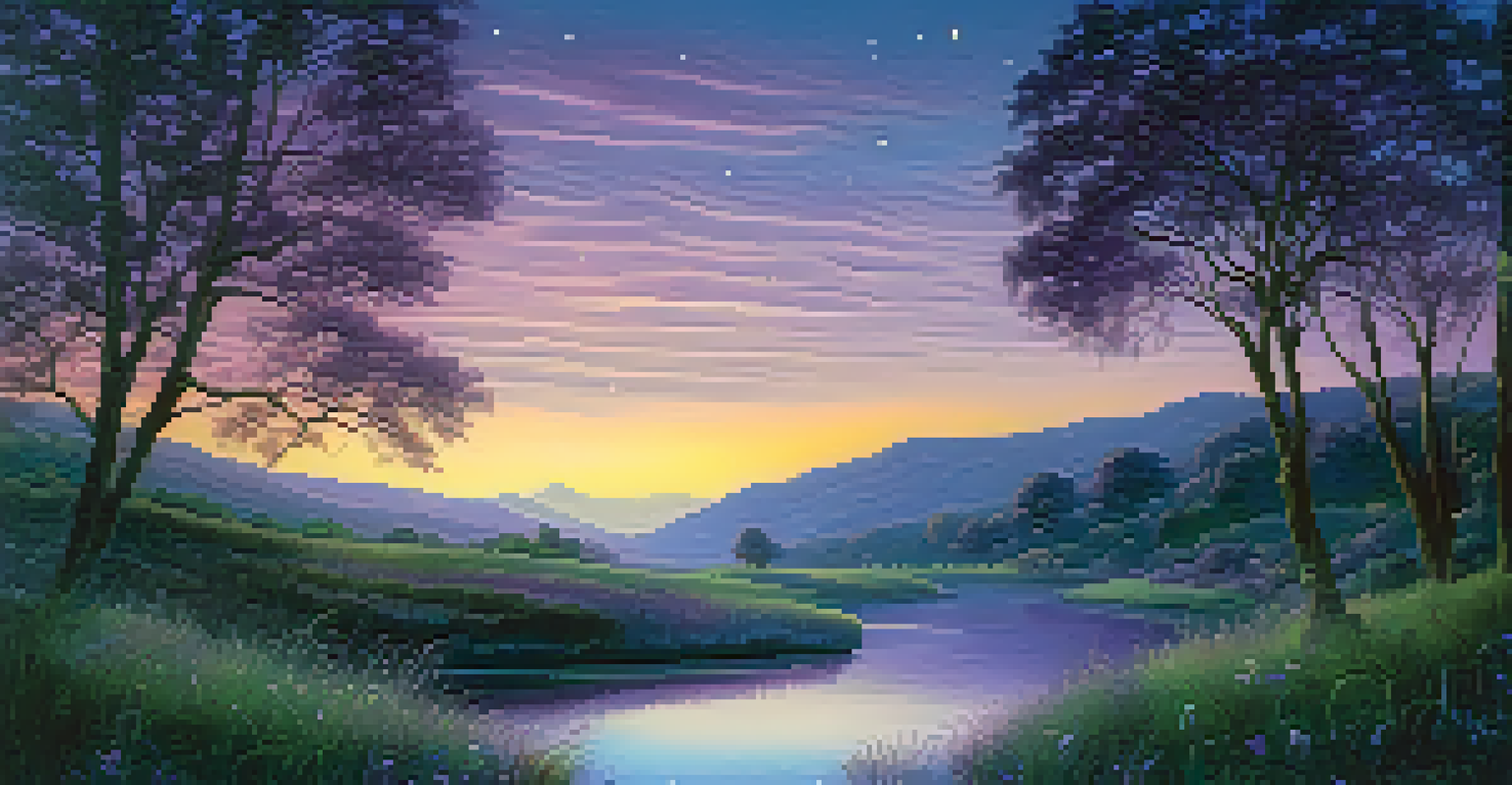 A twilight scene with a flowing river, lush trees, and a colorful sky transitioning to night, captured in long exposure.