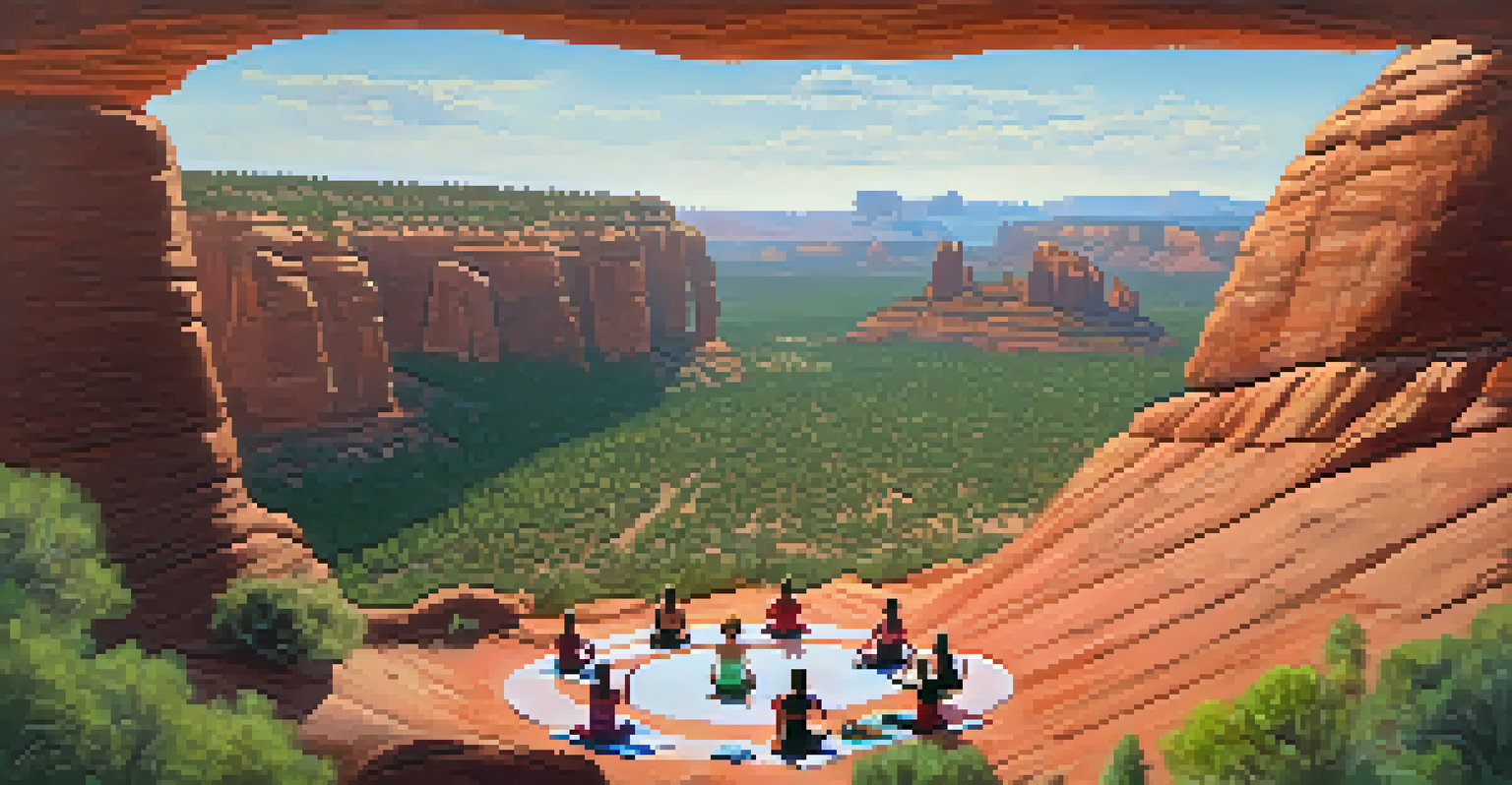 Aerial view of Airport Mesa in Sedona with people practicing yoga among red rocks and trees under a blue sky.