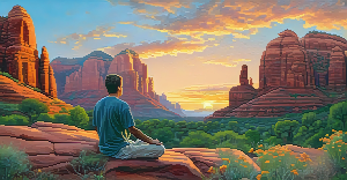 A person meditating on a sun-warmed rock in Sedona, surrounded by red rock formations and colorful sunset.
