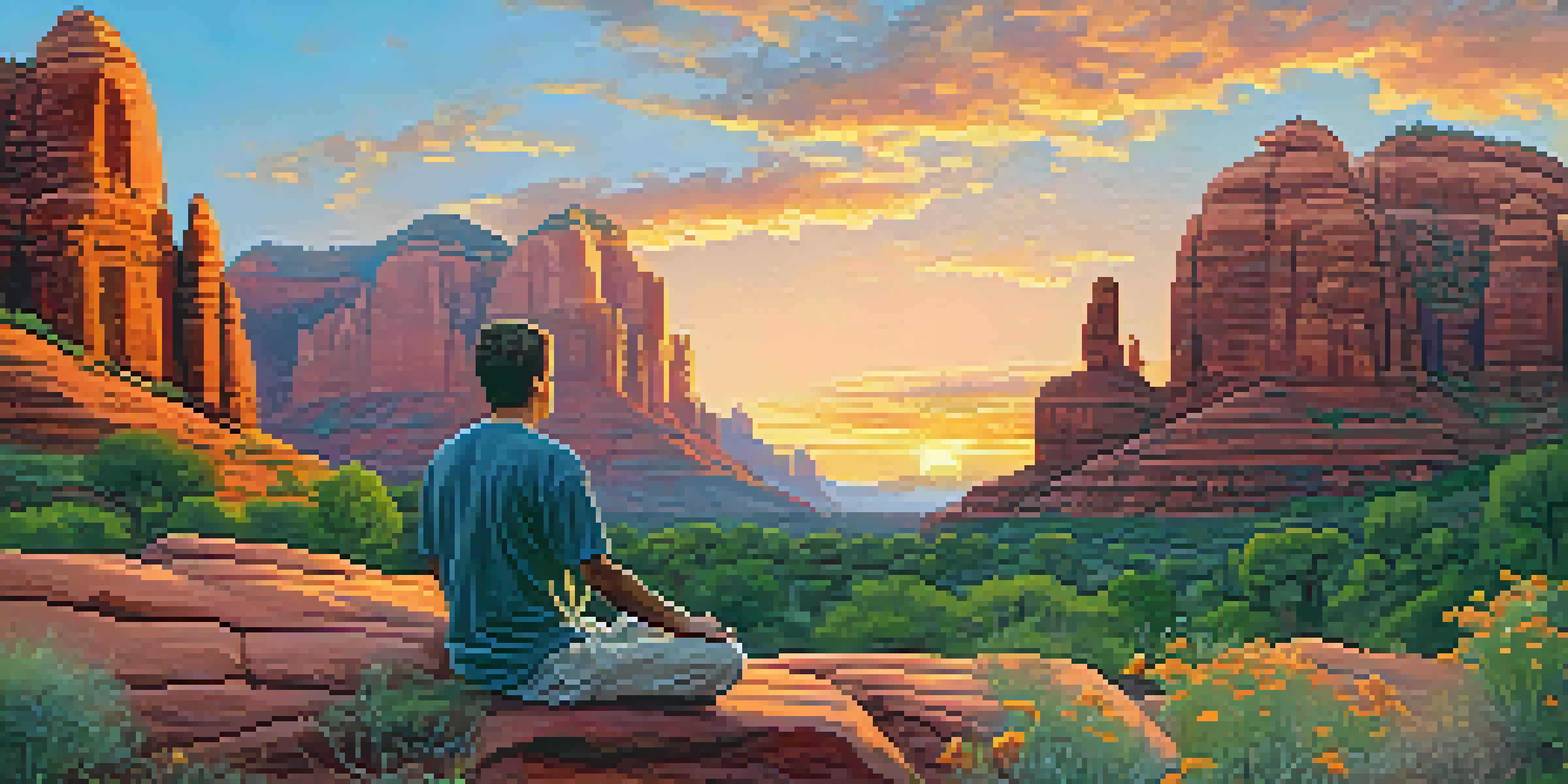 A person meditating on a sun-warmed rock in Sedona, surrounded by red rock formations and colorful sunset.