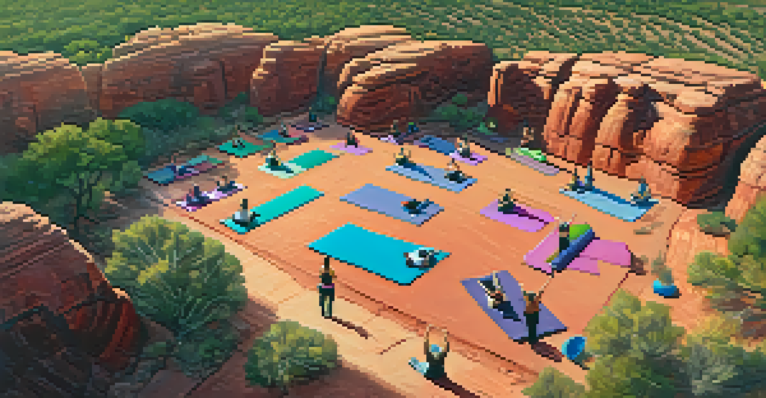 An aerial view of a chakra healing retreat in Sedona, featuring participants practicing yoga and meditation among red rocks.
