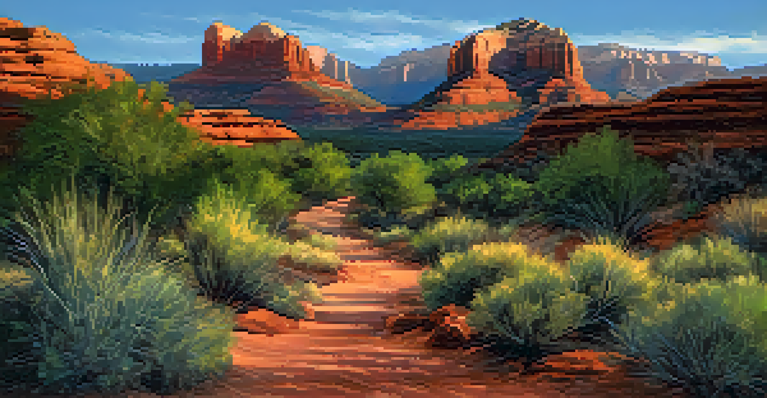 A panoramic view of Sedona's desert landscape with a winding path and vibrant red rocks under a blue sky.