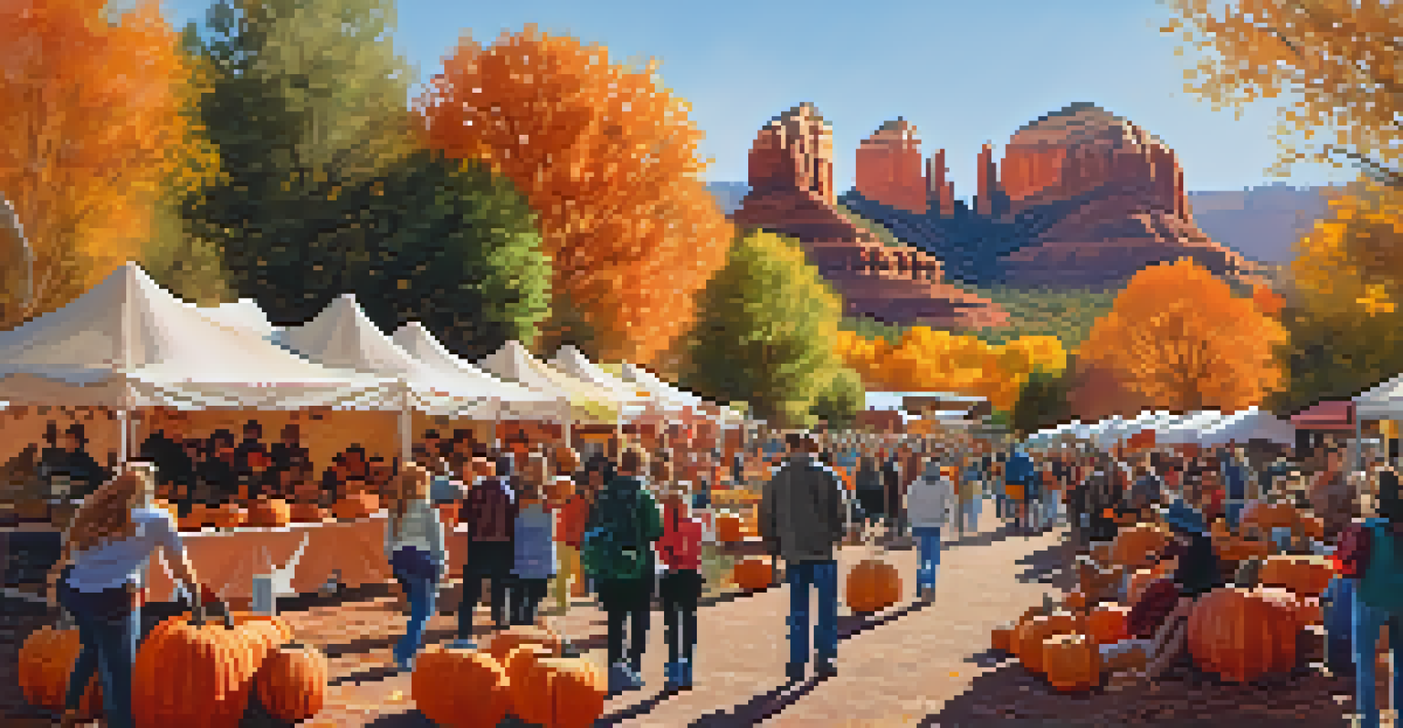 A cheerful autumn festival in Sedona with families enjoying hayrides, pumpkin carving, and vibrant fall foliage.