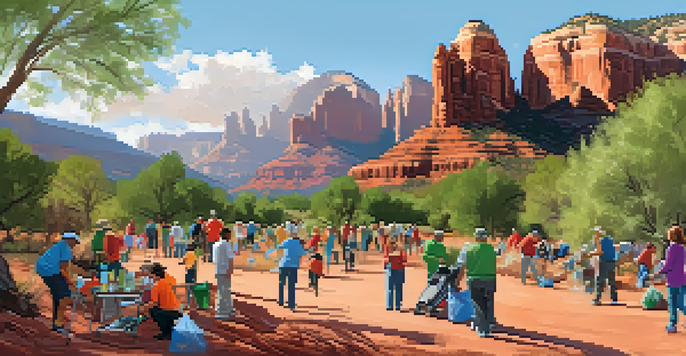 A diverse group of volunteers participating in a community clean-up event in a colorful park surrounded by red rock formations in Sedona.
