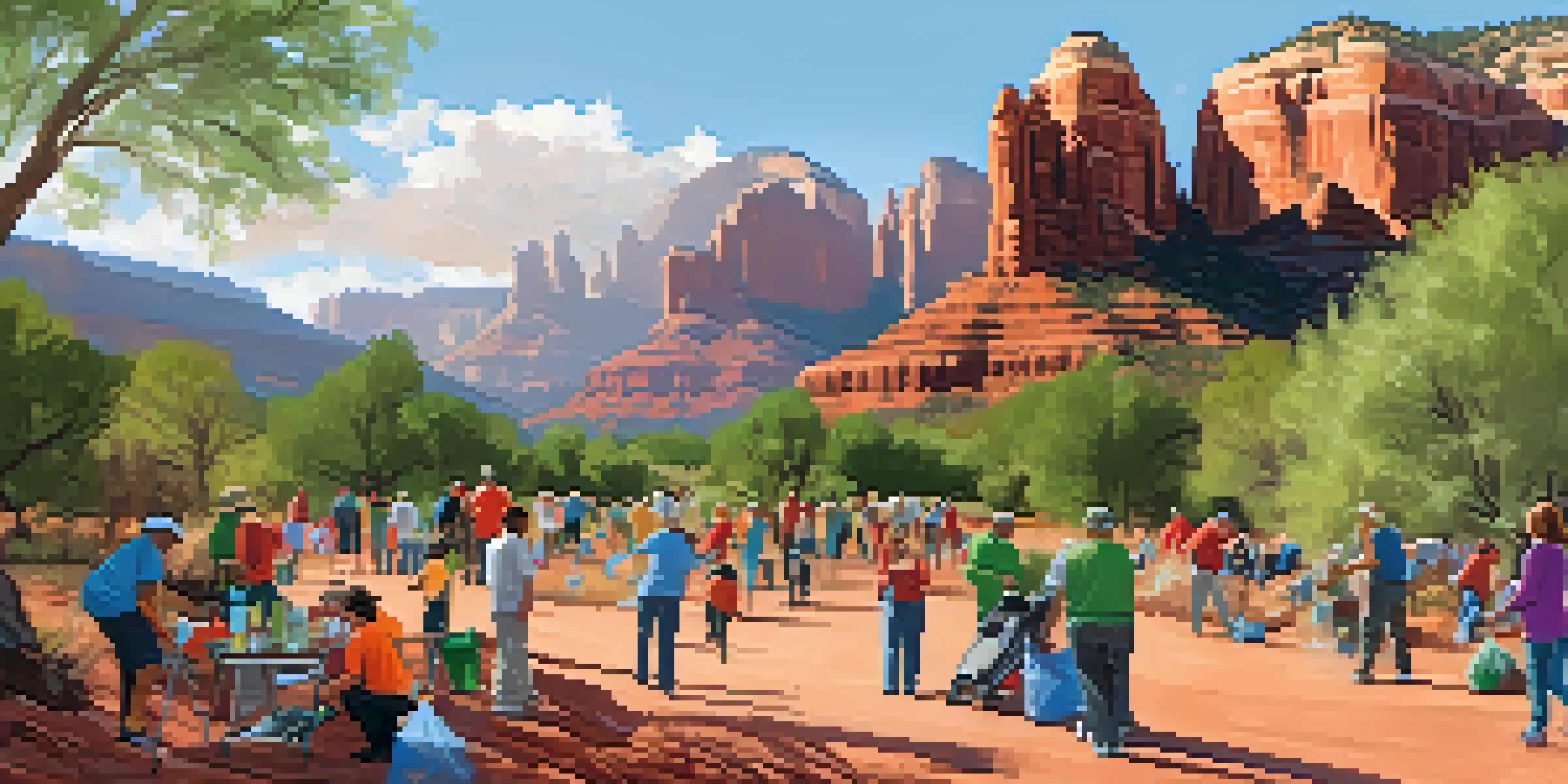 A diverse group of volunteers participating in a community clean-up event in a colorful park surrounded by red rock formations in Sedona.