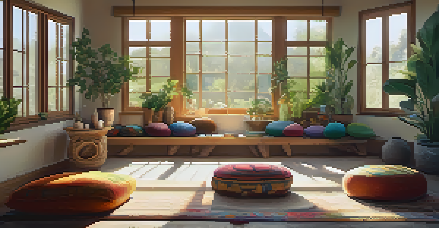 An indoor meditation retreat space with cushions and a group participating in a guided session, filled with plants and natural light.