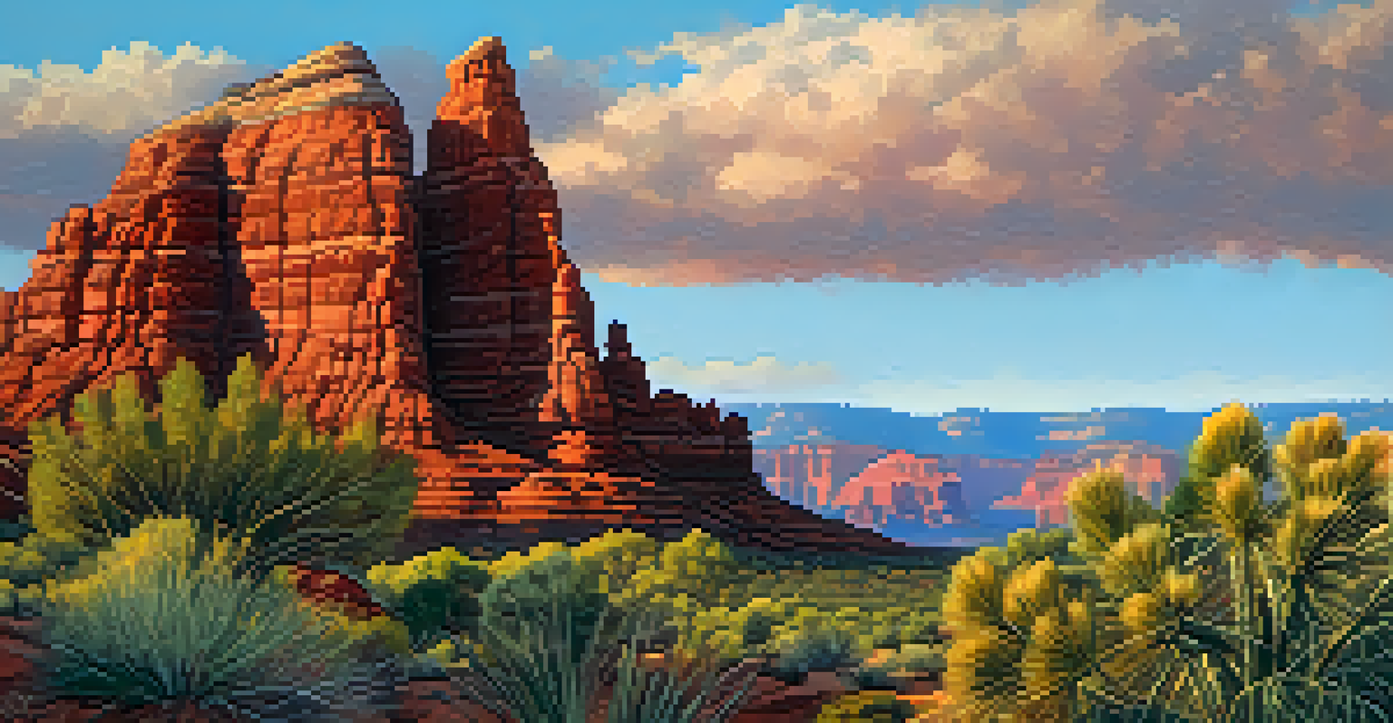 A detailed close-up of a red rock formation in Sedona, highlighting its textures and colors with desert plants in the foreground.