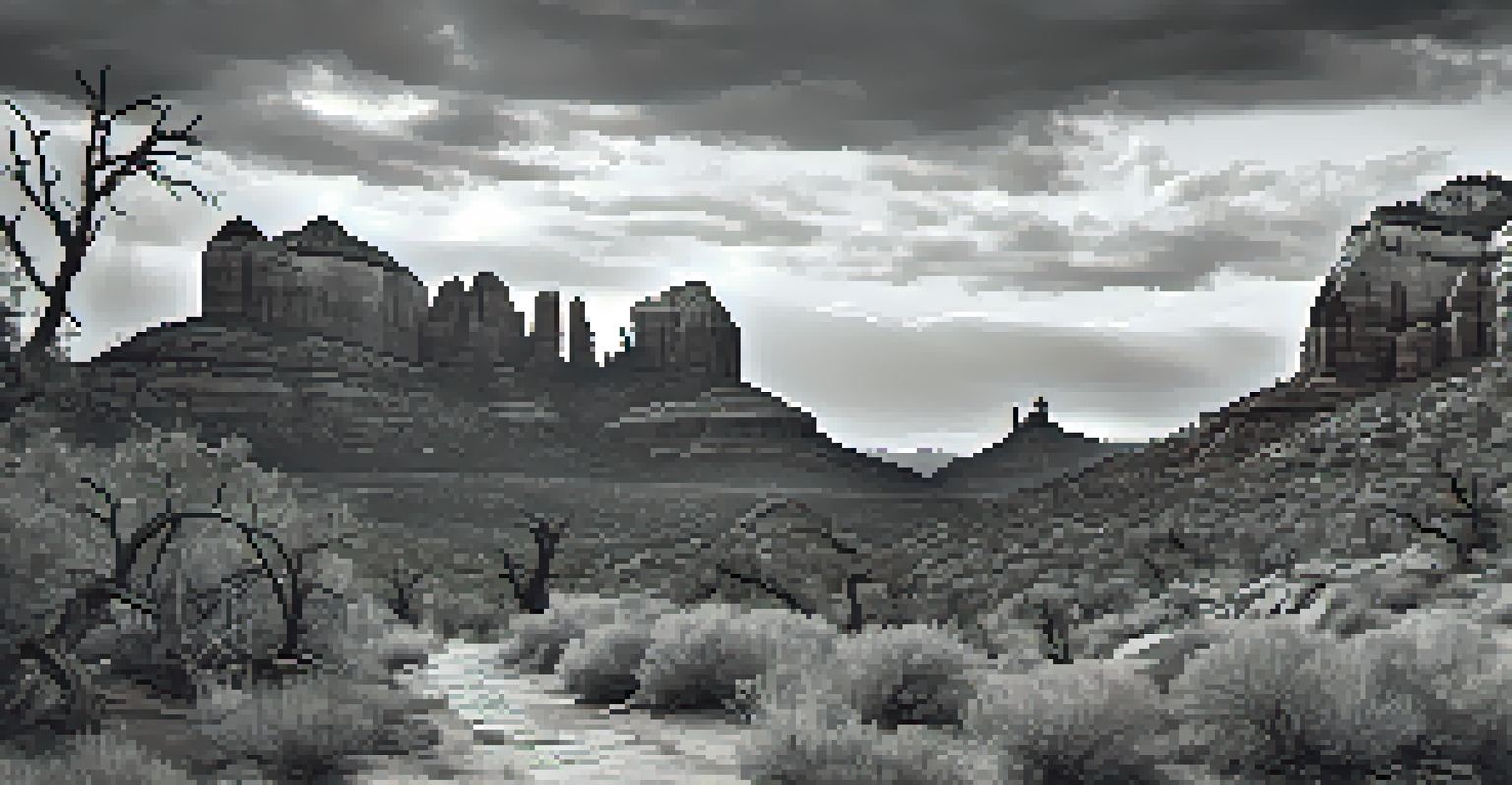 A black and white photograph of Sedona's rock formations, showcasing textures and a winding trail under a dramatic sky.