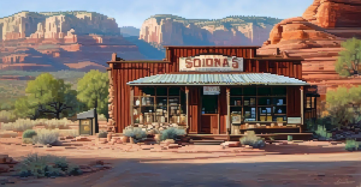 A rustic general store with a weathered sign, old farm equipment, and red rock hills in the background.
