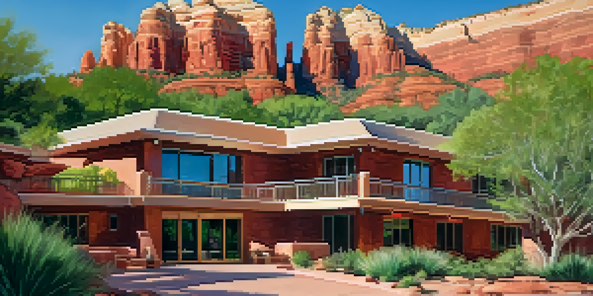 A green certified hotel surrounded by red rock formations and lush gardens in Sedona, Arizona, with sunlight filtering through the trees.