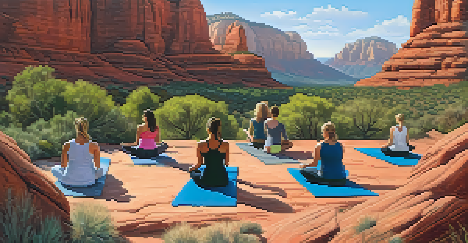 A group of people practicing yoga outdoors in Sedona, with red rock formations in the background.