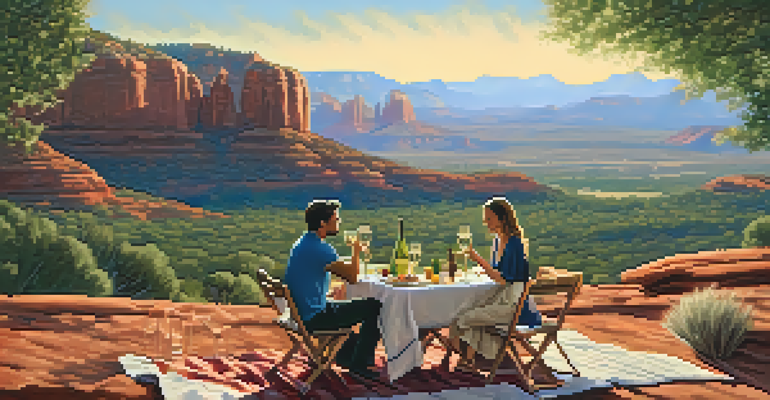 A couple celebrating with a picnic after their hot air balloon ride, with Sedona's red rock formations in the background.