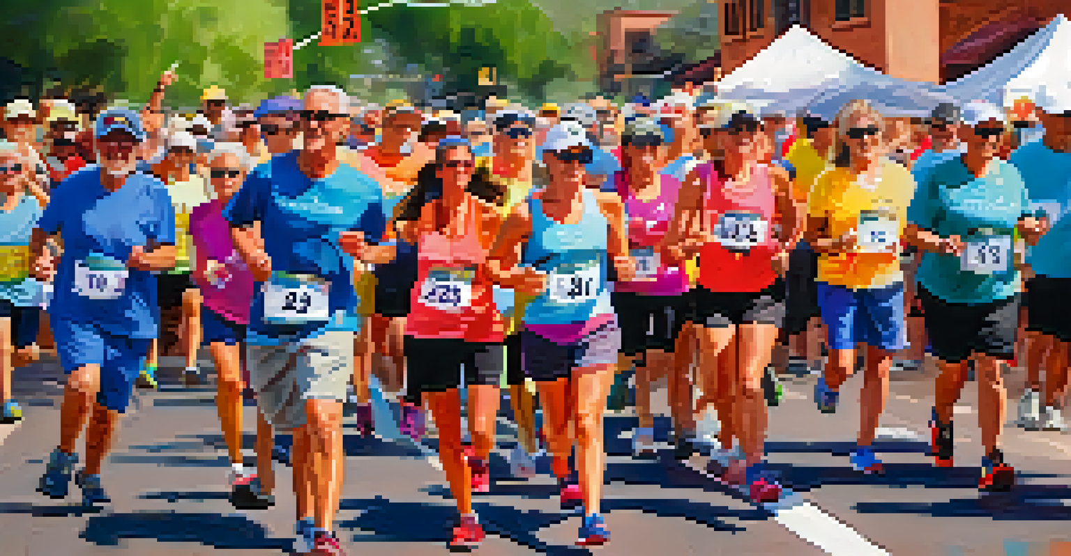 Members of Sedona's Running Club participating in a charity run, celebrating at the finish line with colorful banners and enthusiastic supporters.