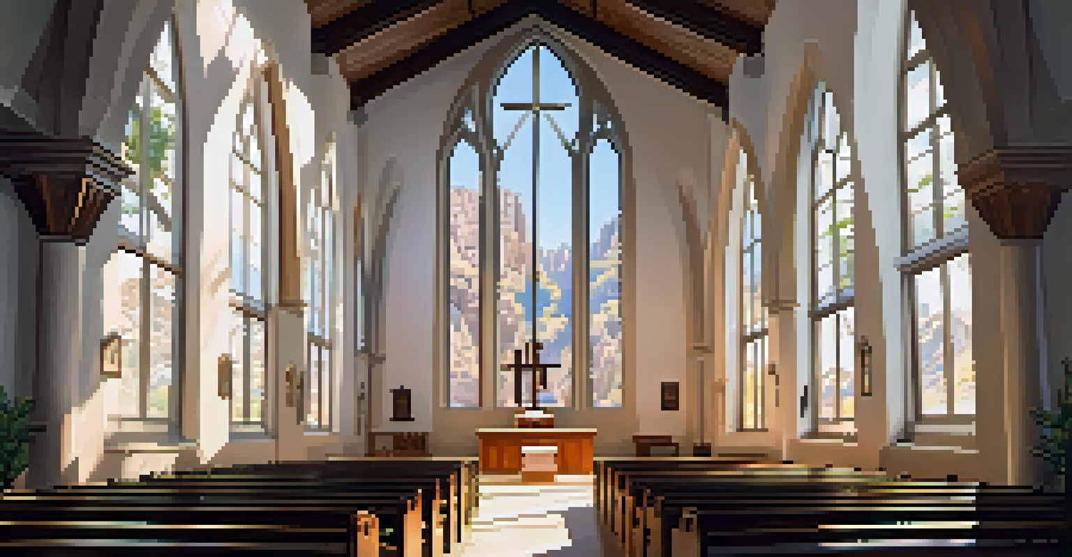 Interior view of the Chapel of the Holy Cross, with sunlight illuminating the serene space filled with wooden pews and a central altar framed by rock formations.