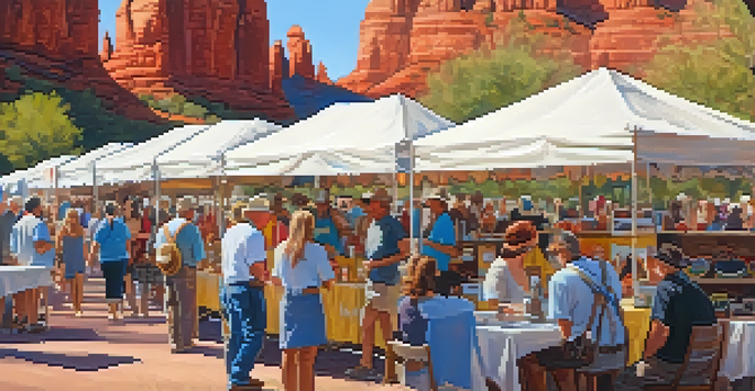 A lively outdoor arts festival in Sedona with local artists, colorful artworks, and red rock formations in the background.