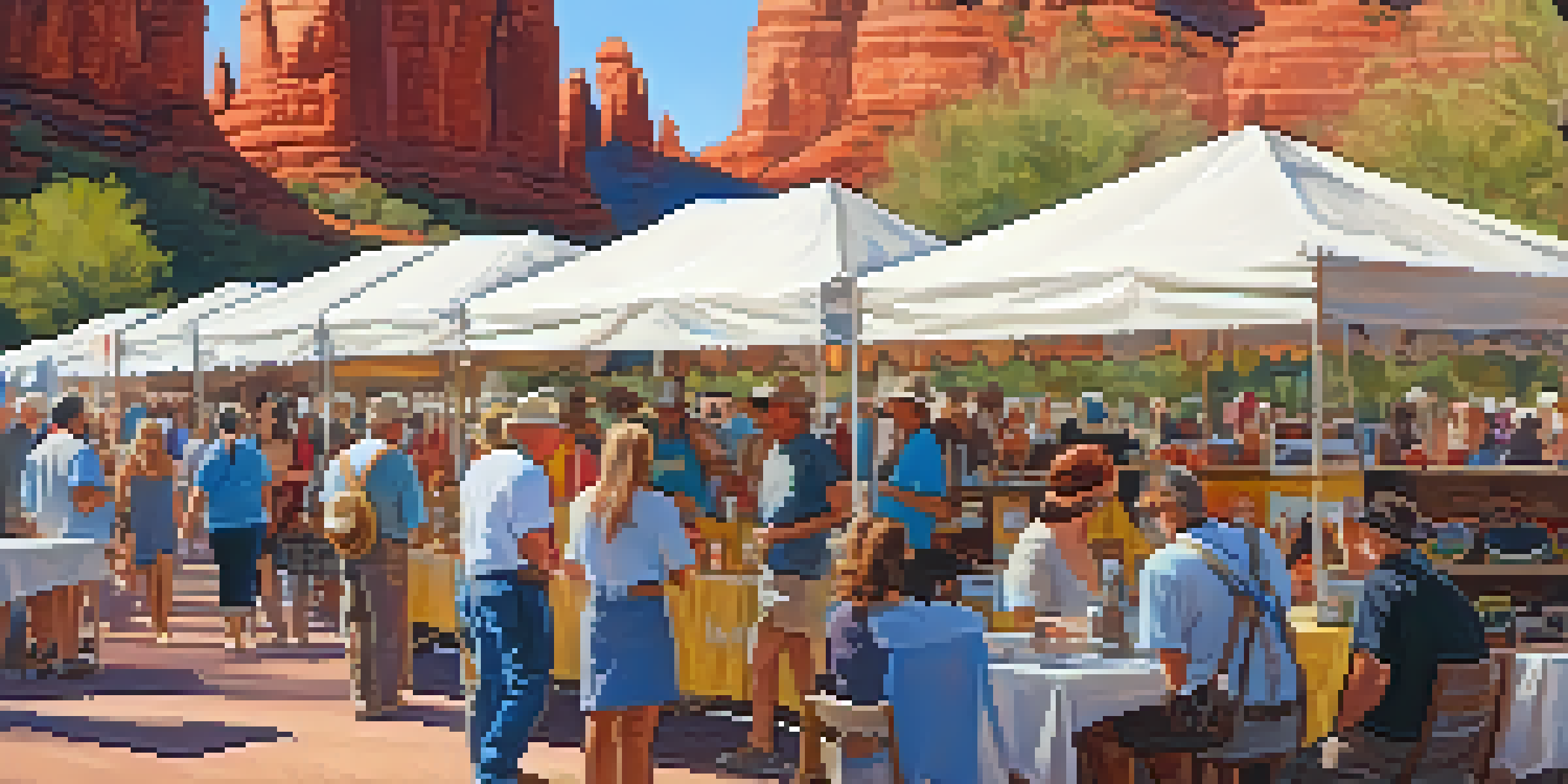 A lively outdoor arts festival in Sedona with local artists, colorful artworks, and red rock formations in the background.