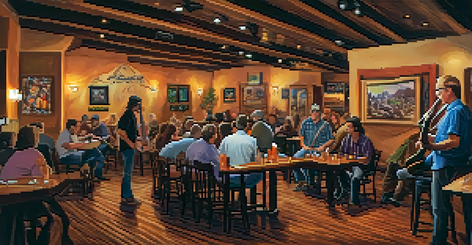 An intimate live music venue in Sedona with a local band performing, patrons enjoying meals, and local art on the walls.