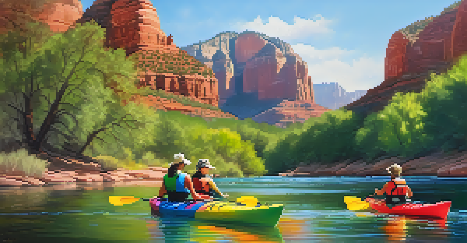 A family kayaking on Oak Creek, surrounded by red rock cliffs and green trees, enjoying a sunny day.