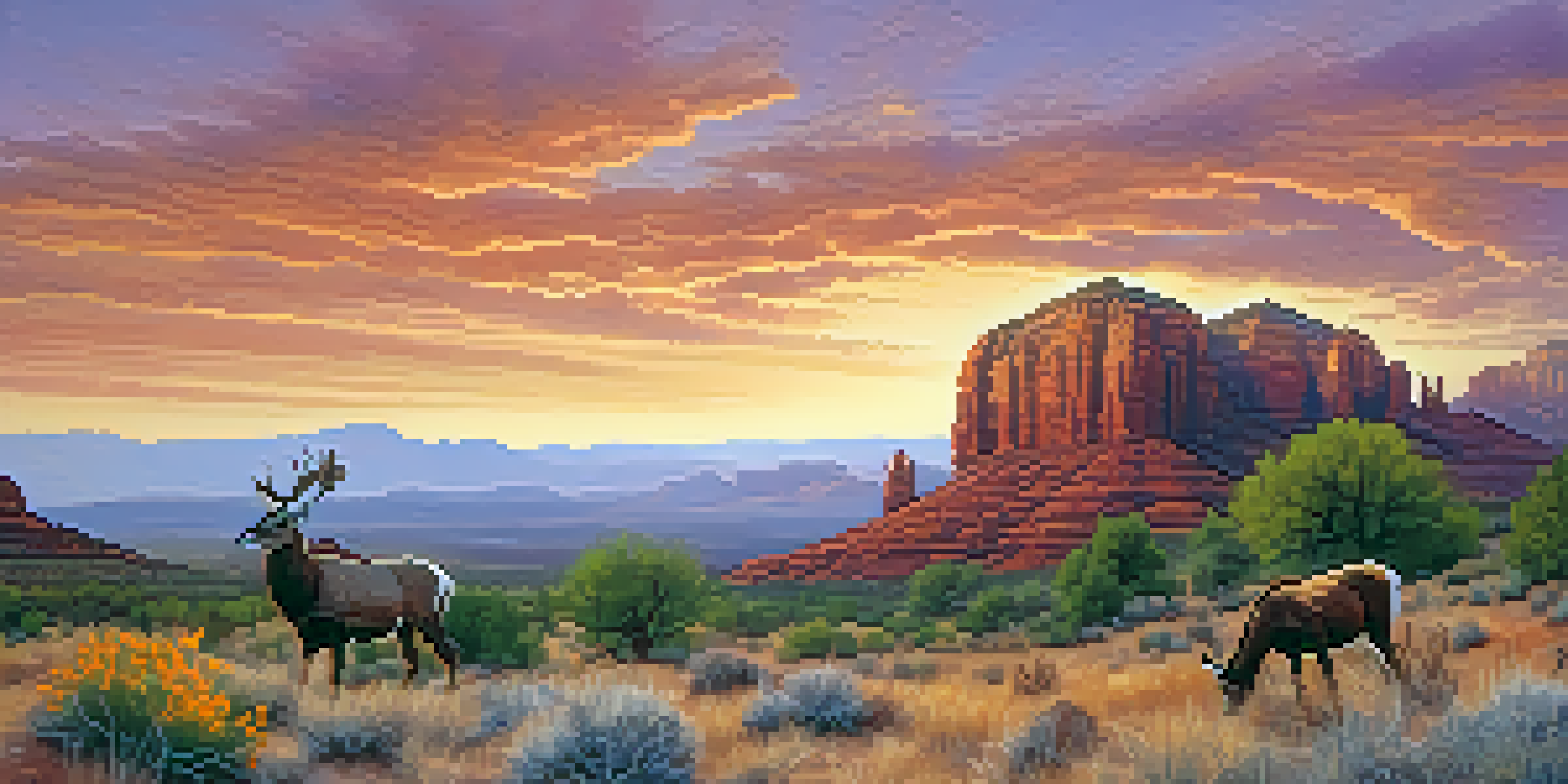 A sunset view of Sedona's red rock formations with a mule deer and soaring hawks.