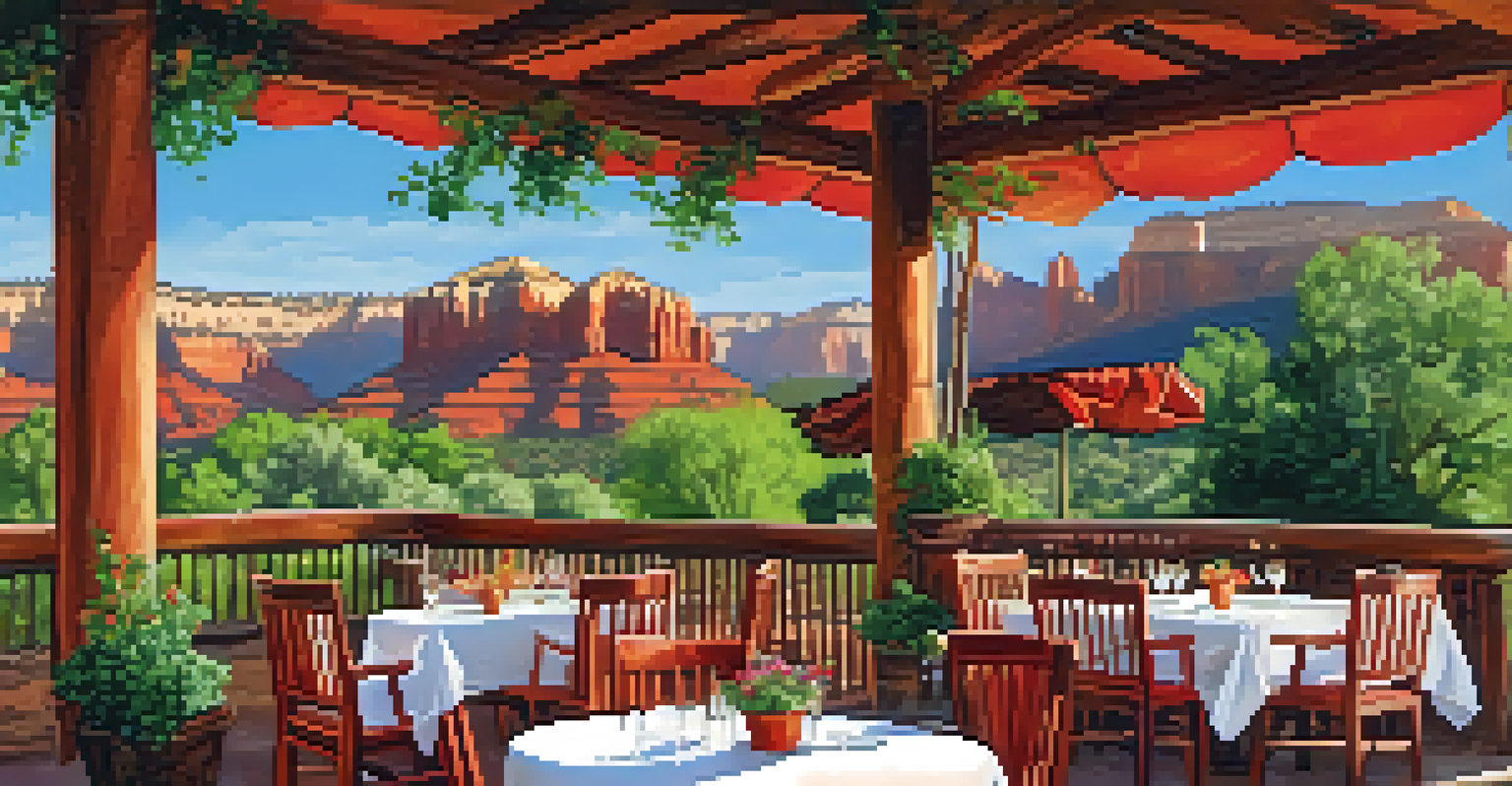 An outdoor dining scene at a green certified restaurant featuring colorful dishes and a backdrop of red rock formations in Sedona.