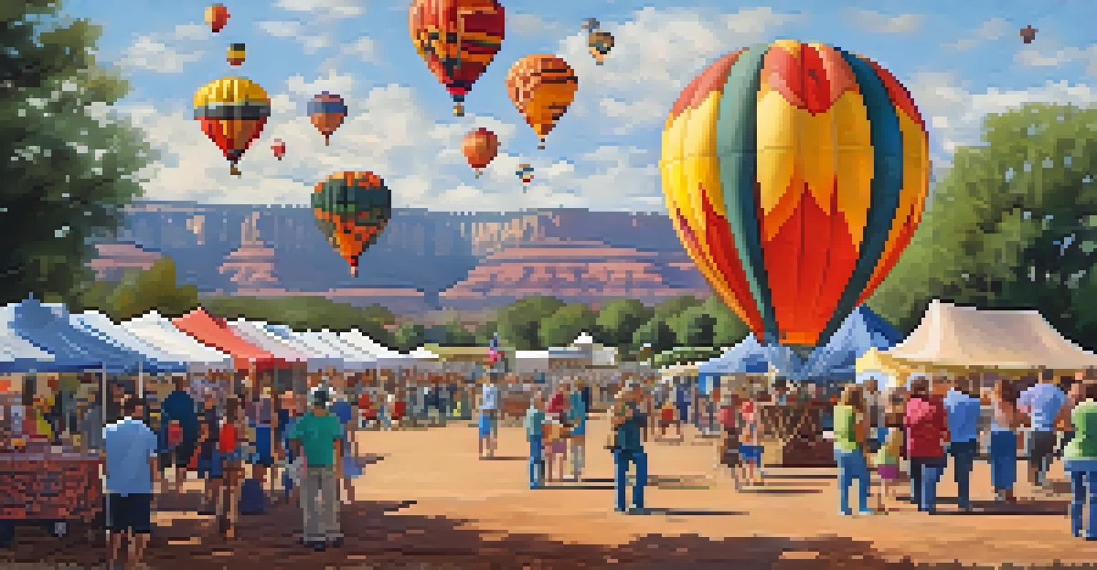 Families and friends enjoying a vibrant hot air balloon festival in Sedona, with colorful balloons being inflated and local vendors in the background.