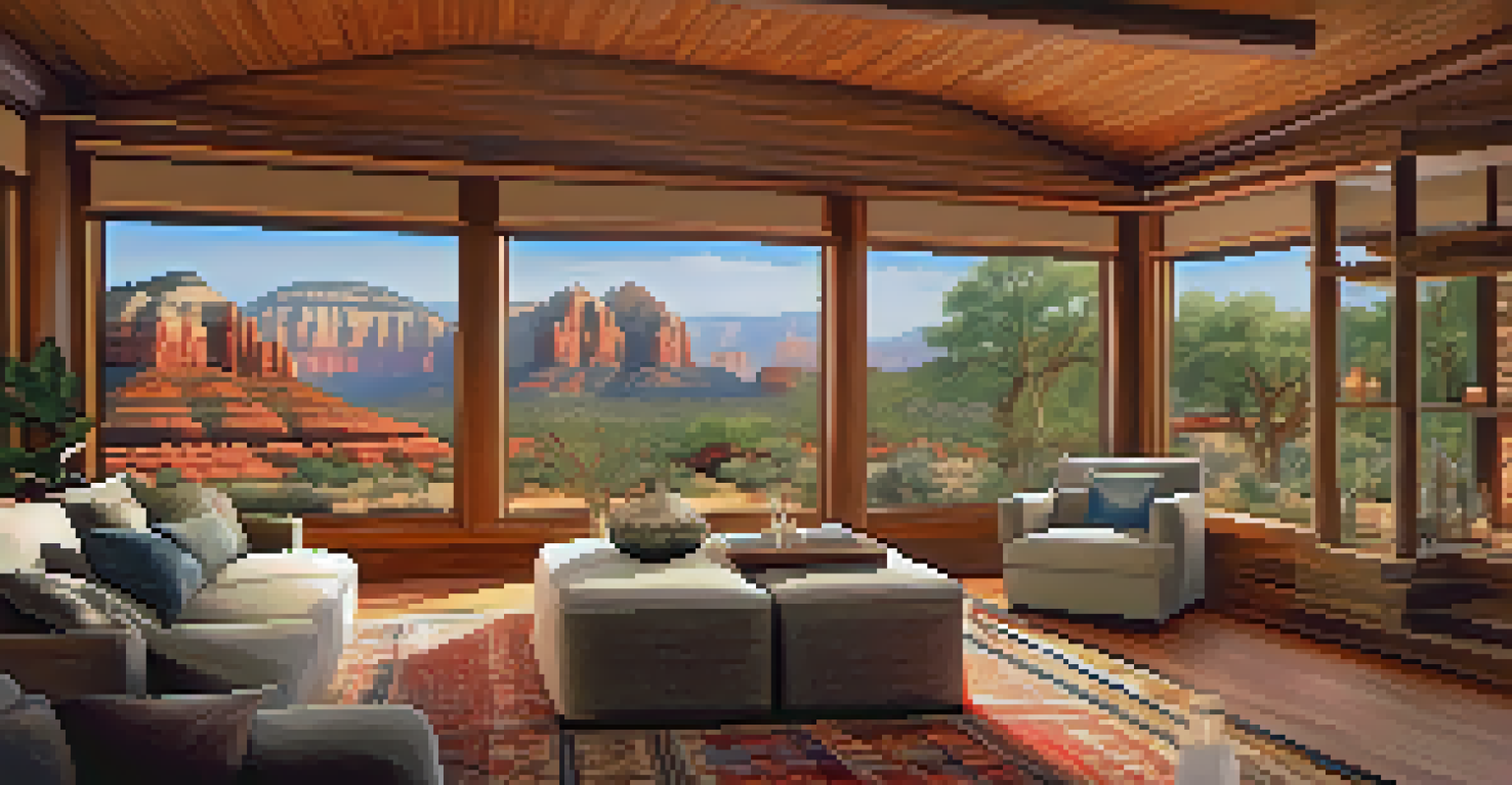 A cozy healing retreat room with natural wood decor, soft lighting, and crystals, overlooking the red rock landscape of Sedona through large windows.