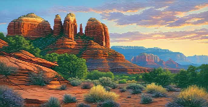 A scenic sunset view of Sedona's red rock formations with colorful skies and outdoor art installations in the foreground.