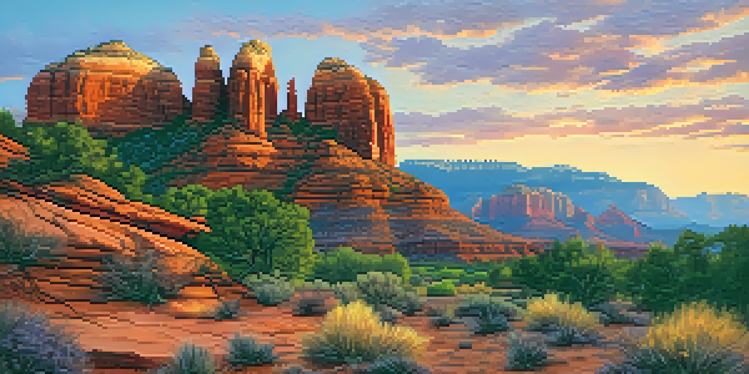 A scenic sunset view of Sedona's red rock formations with colorful skies and outdoor art installations in the foreground.