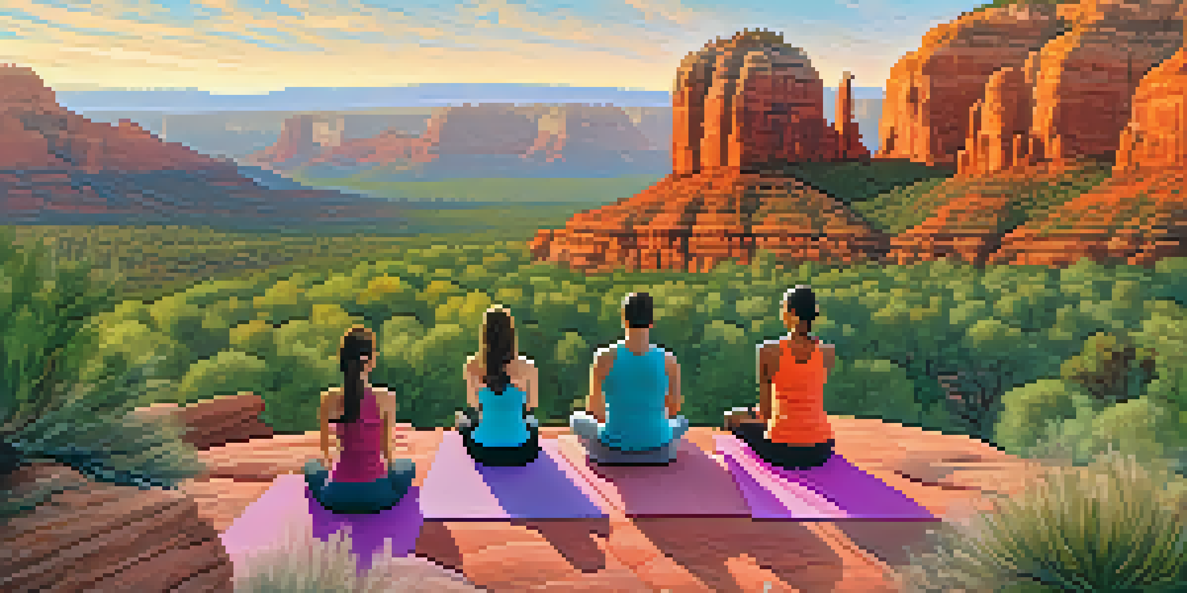 A diverse group of people practicing yoga on colorful mats at sunrise, with red rock formations and a colorful sky in the background.
