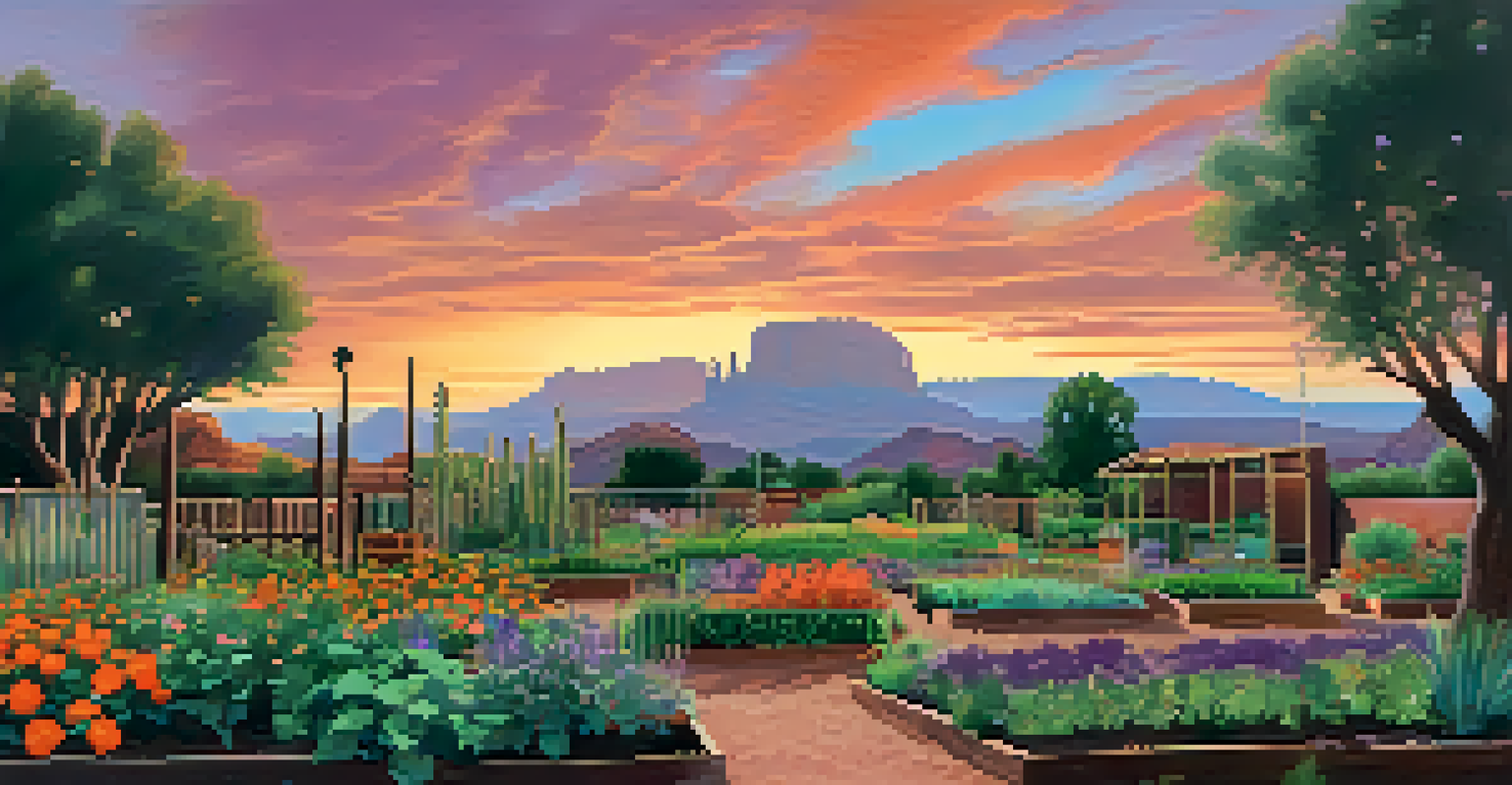 A picturesque sunset over a community garden in Sedona, with silhouetted structures and gardeners watering plants against a colorful sky.