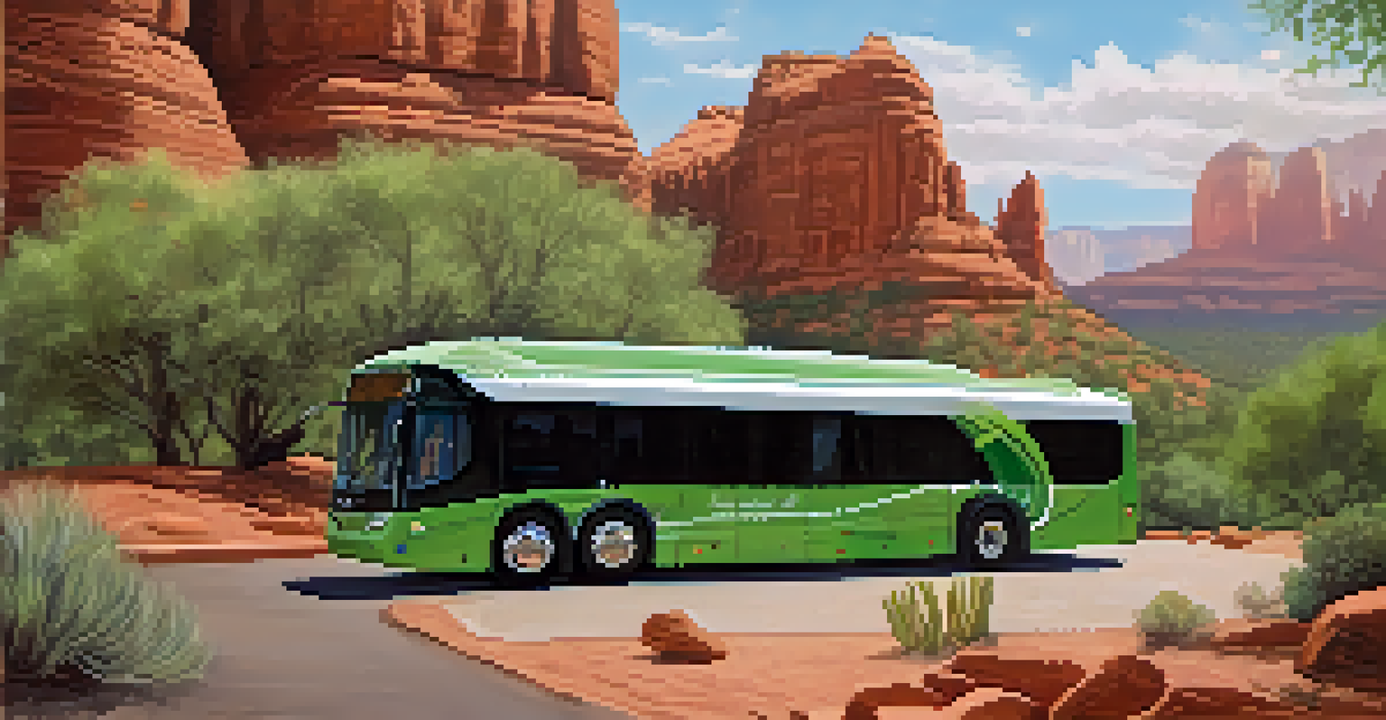 A public transportation bus designed for accessibility, parked in a scenic area with beautiful rocks and greenery in the background.