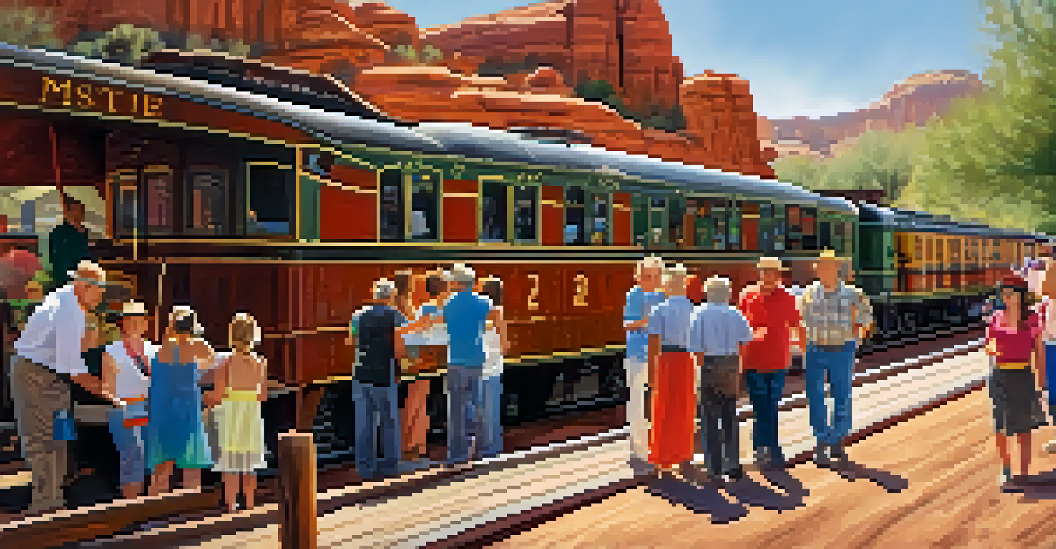 Families and local artisans at a community event celebrating Sedona's railroad heritage with vintage train cars in the background.