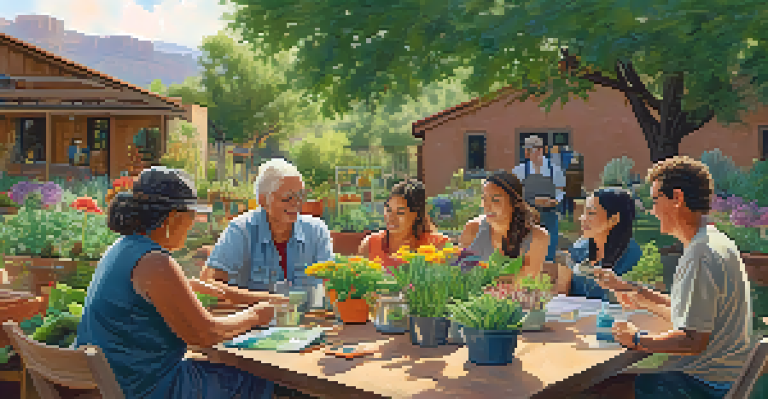 Residents engaged in an organic gardening workshop in a Sedona community garden, surrounded by plants and gardening tools, with sunlight illuminating the scene.