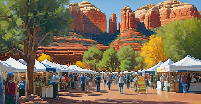 A lively outdoor art festival in Sedona, featuring artist booths, colorful artworks, and red rock formations in the background.