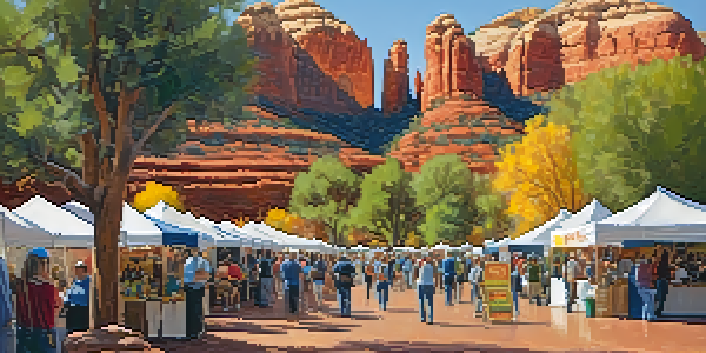 A lively outdoor art festival in Sedona, featuring artist booths, colorful artworks, and red rock formations in the background.