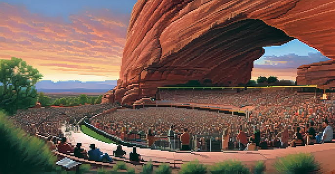 A scenic sunset view of the Red Rocks Amphitheatre, highlighting vibrant sky colors and silhouettes of people.