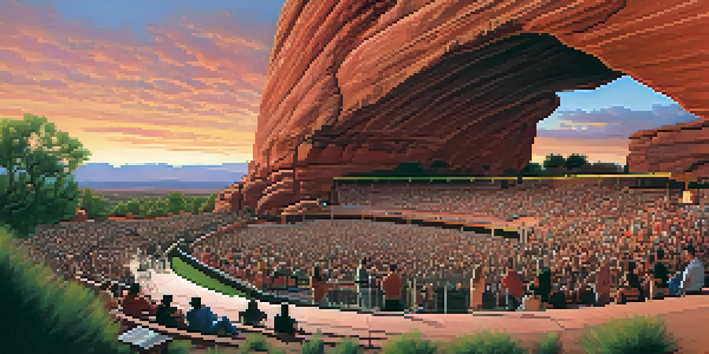 A scenic sunset view of the Red Rocks Amphitheatre, highlighting vibrant sky colors and silhouettes of people.