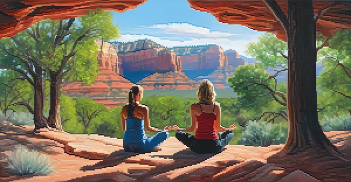 A peaceful meditation scene in Sedona with red rock formations, a person meditating on a mat, and colorful wildflowers.