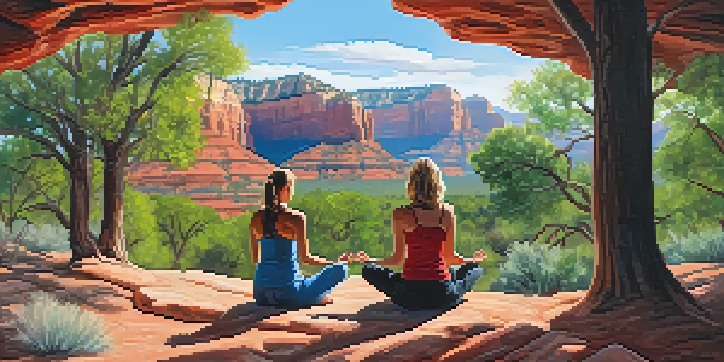 A peaceful meditation scene in Sedona with red rock formations, a person meditating on a mat, and colorful wildflowers.