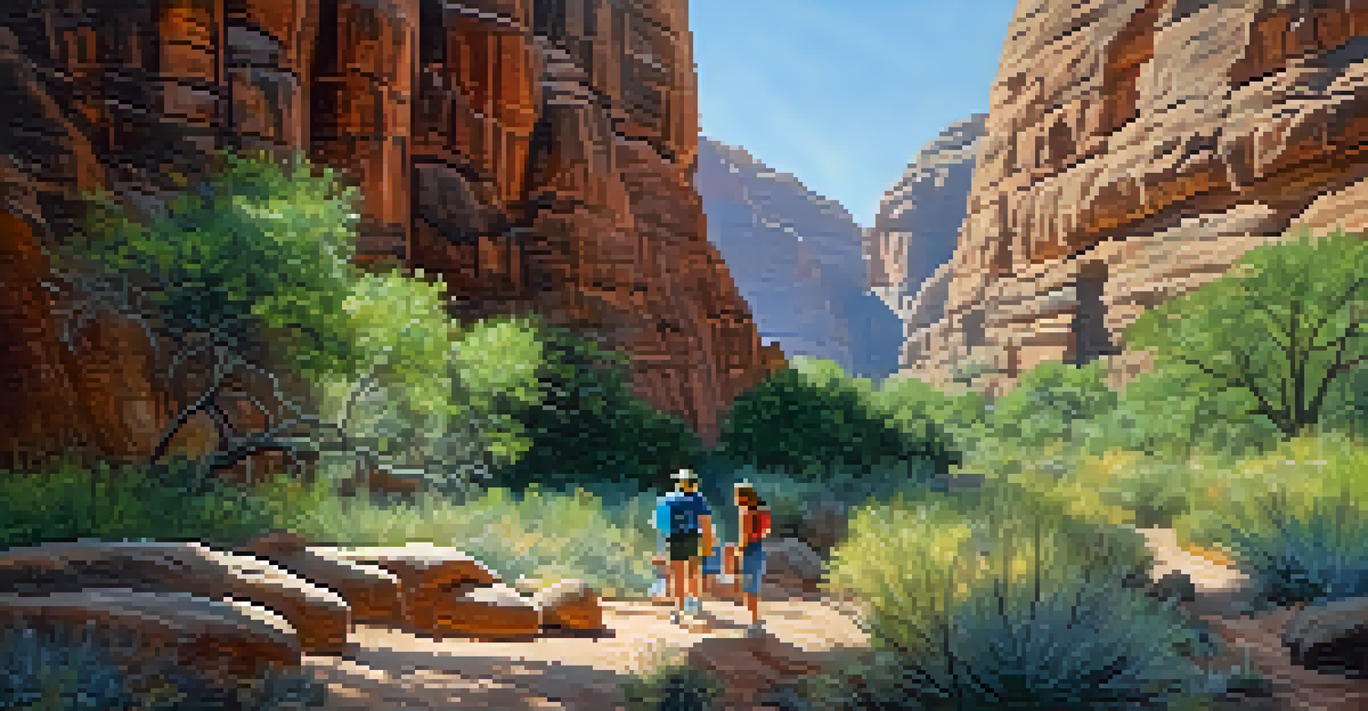 A family having a picnic in Fay Canyon Trail, with beautiful rock formations and wildflowers around them.