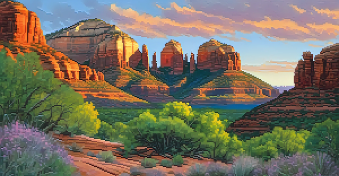 A panoramic view of Sedona's red rock formations at sunset, with colorful sky and green vegetation in the foreground.