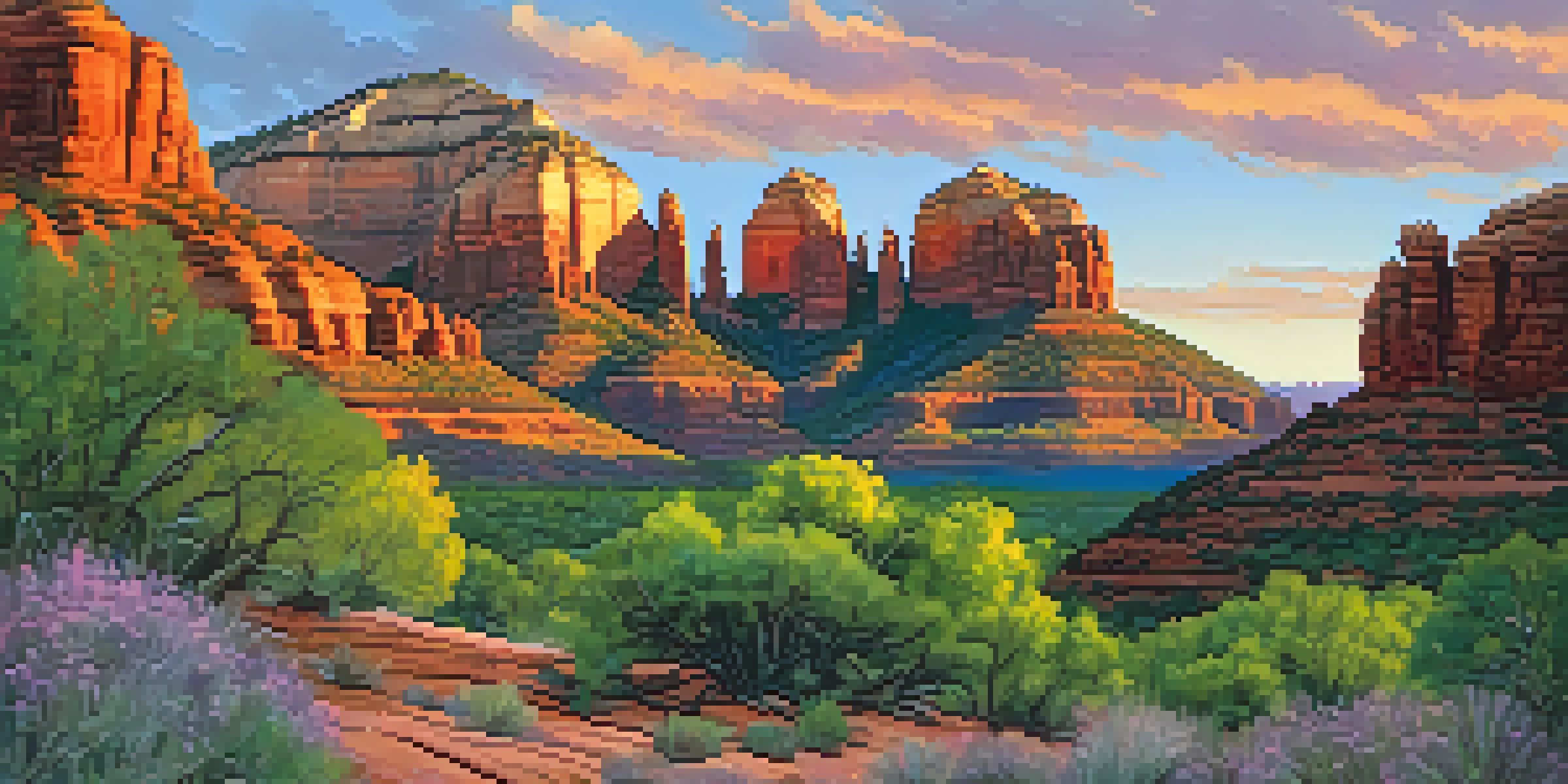 A panoramic view of Sedona's red rock formations at sunset, with colorful sky and green vegetation in the foreground.