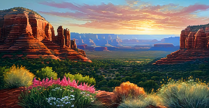A panoramic view of Sedona, Arizona, with red rock formations and blooming wildflowers during sunset.