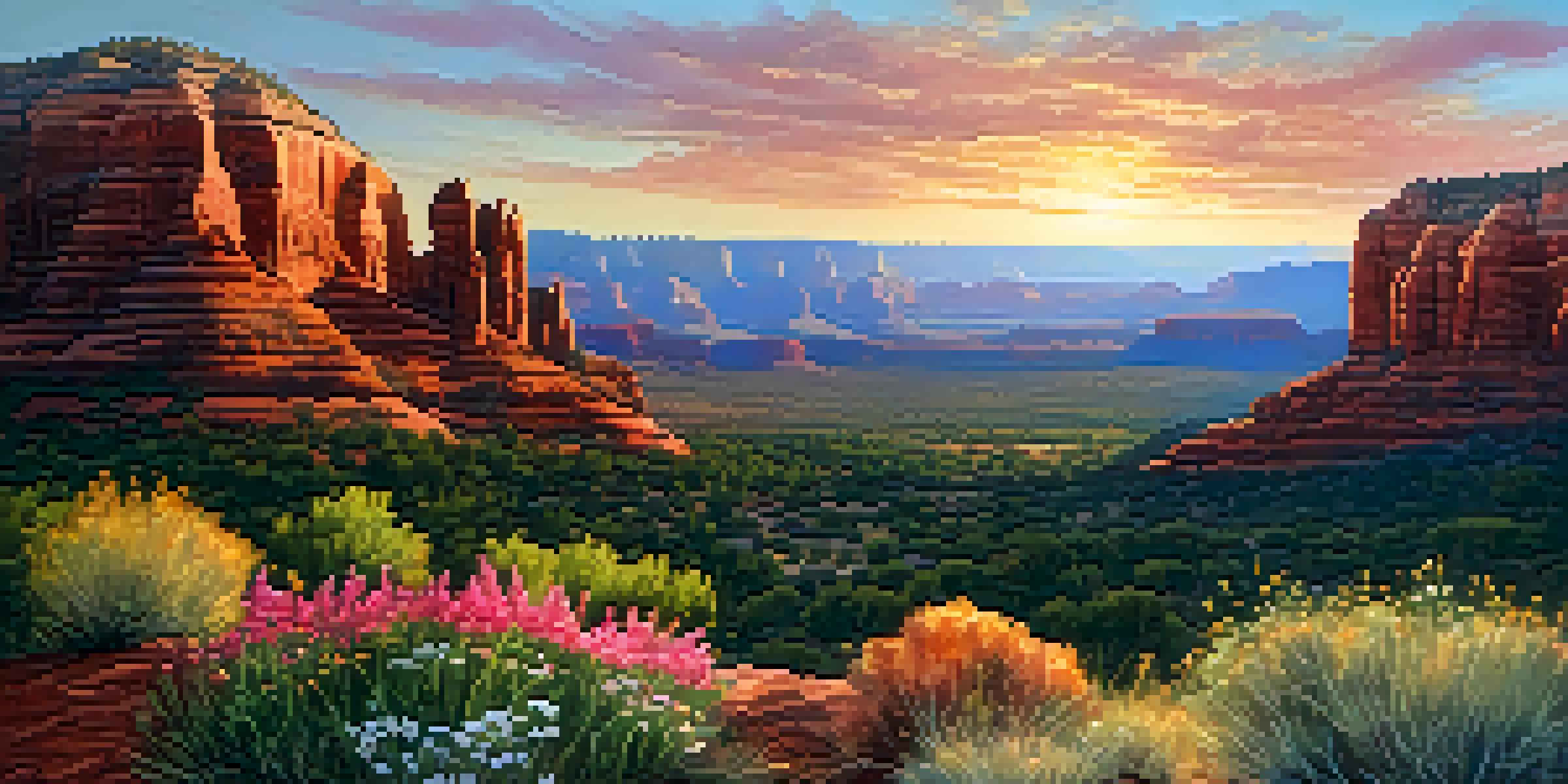 A panoramic view of Sedona, Arizona, with red rock formations and blooming wildflowers during sunset.