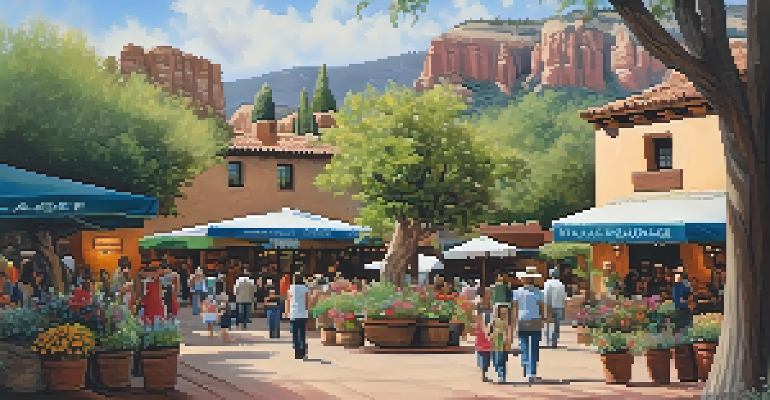 The Tlaquepaque Arts & Shopping Village in Sedona, showcasing adobe buildings and visitors exploring galleries and shops amidst vibrant flowers.