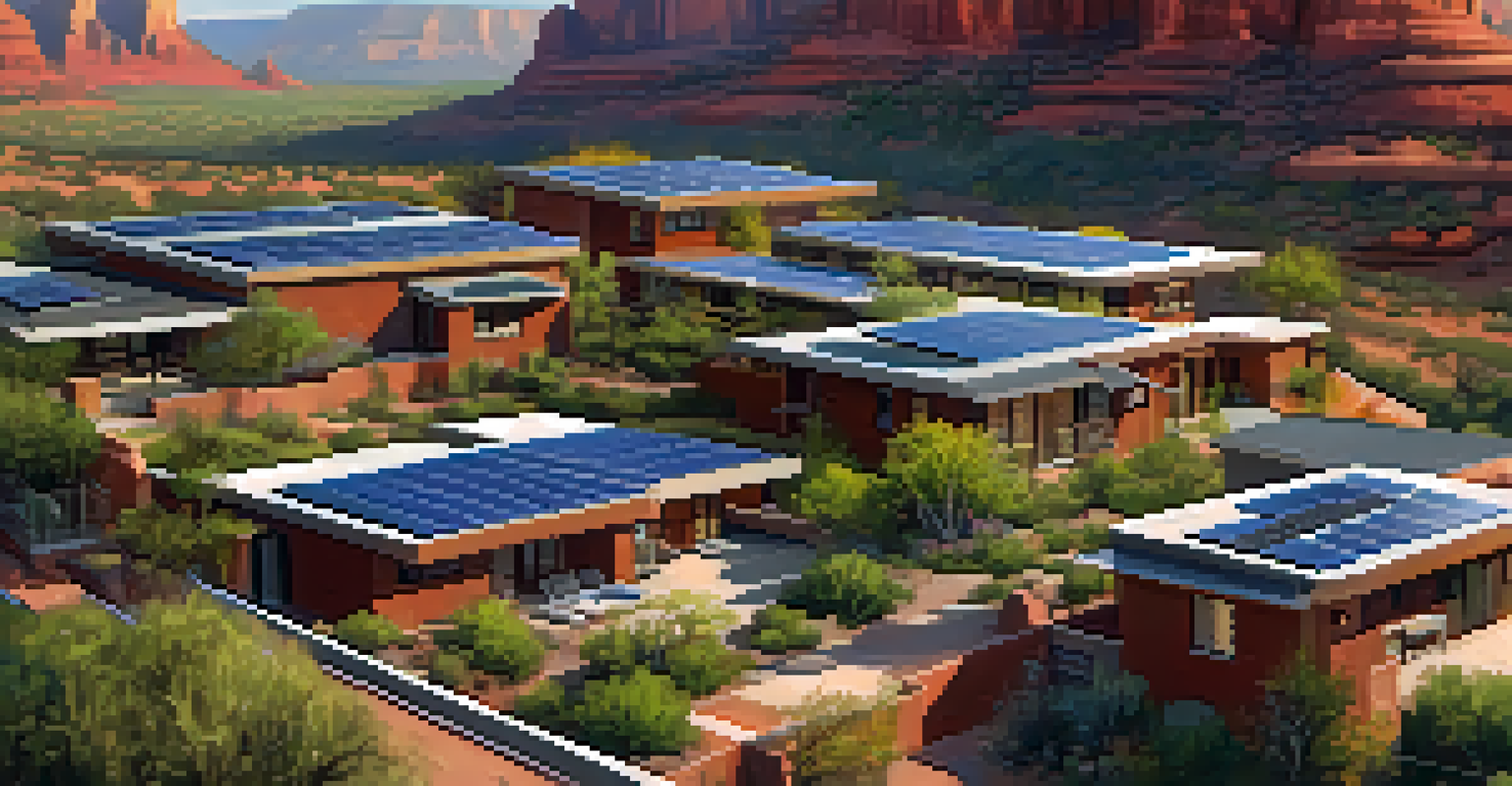 Aerial view of a Sedona community with green roofs and solar panels, surrounded by red rock formations.