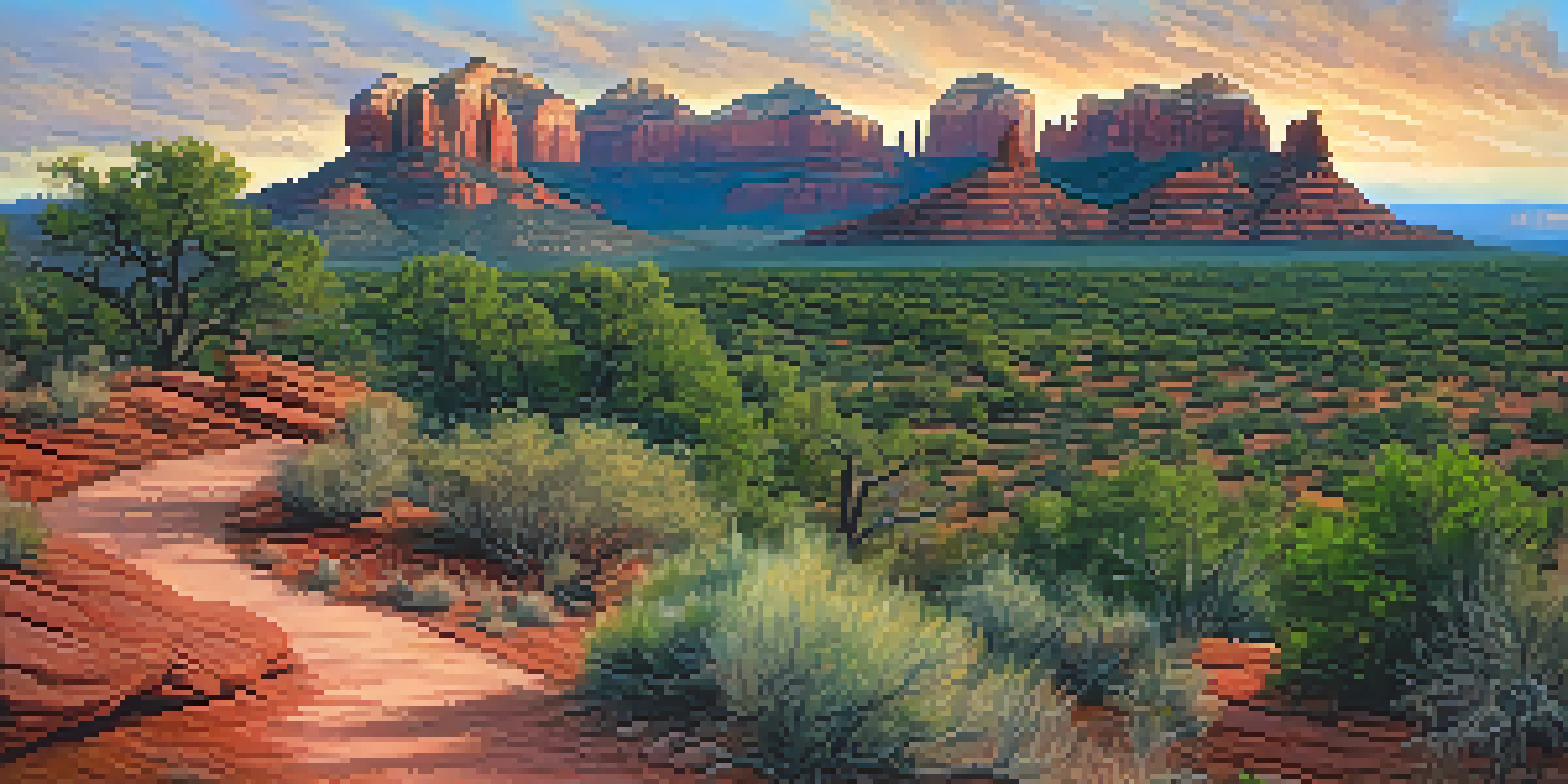 A panoramic view of Sedona's red rock landscape at sunset with hikers on a trail.