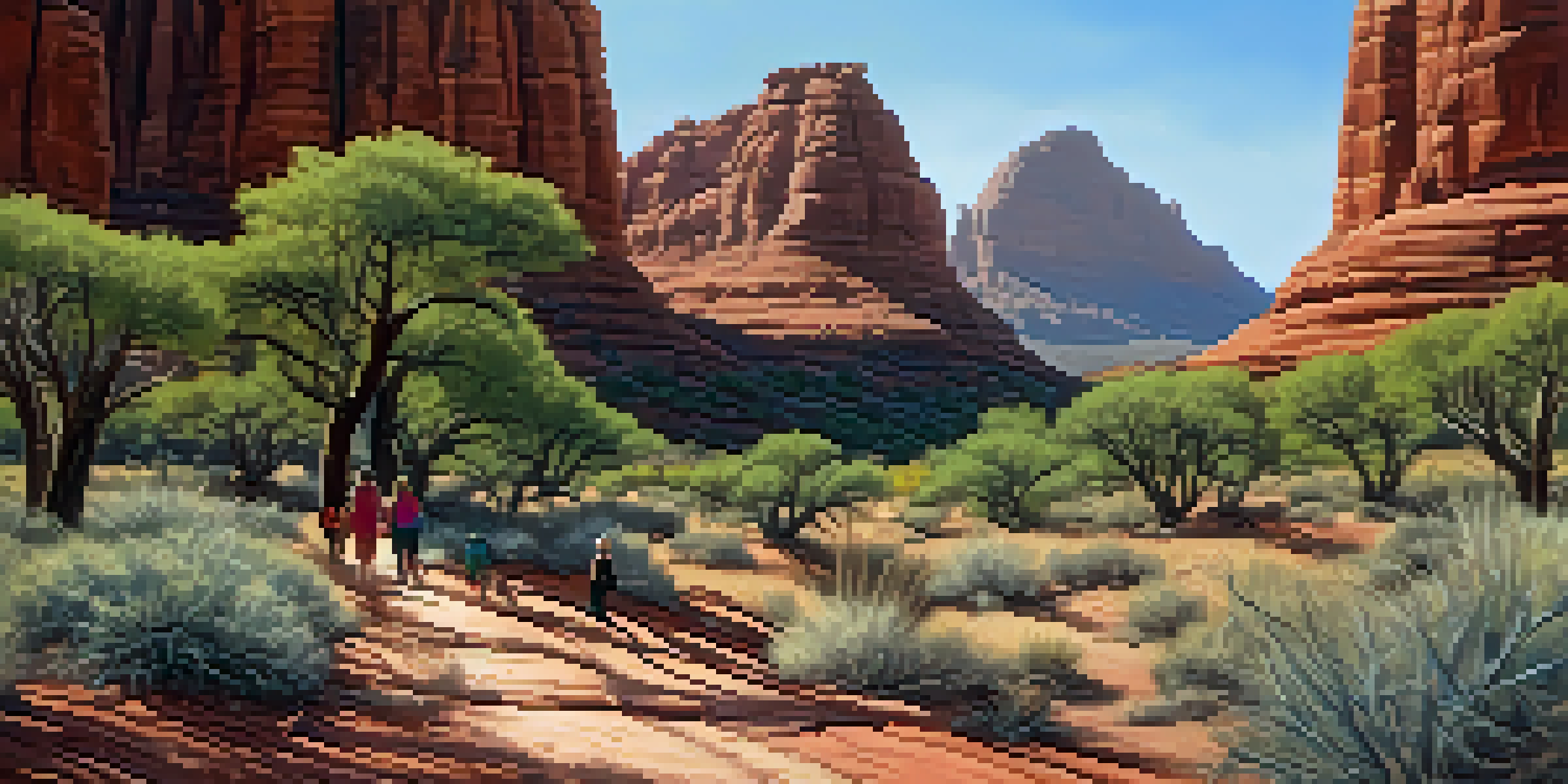 A family hiking on Bell Rock Trail with red rock formations and bright sunlight.