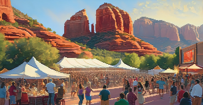 A lively outdoor music festival in Sedona with diverse attendees enjoying live music and stunning red rock scenery during sunset.