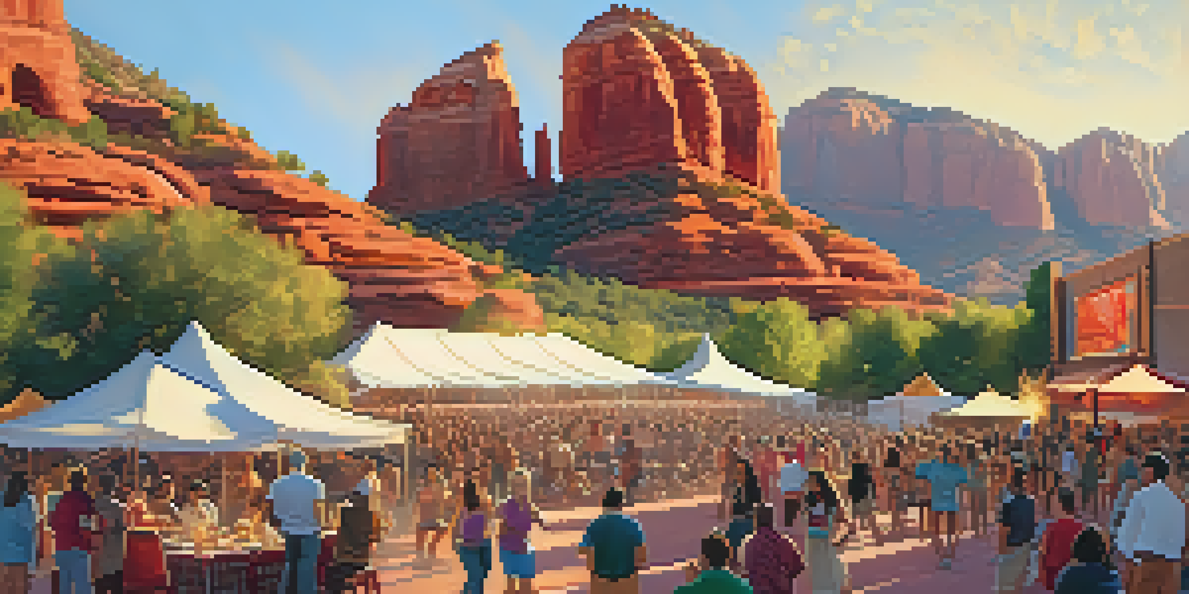 A lively outdoor music festival in Sedona with diverse attendees enjoying live music and stunning red rock scenery during sunset.